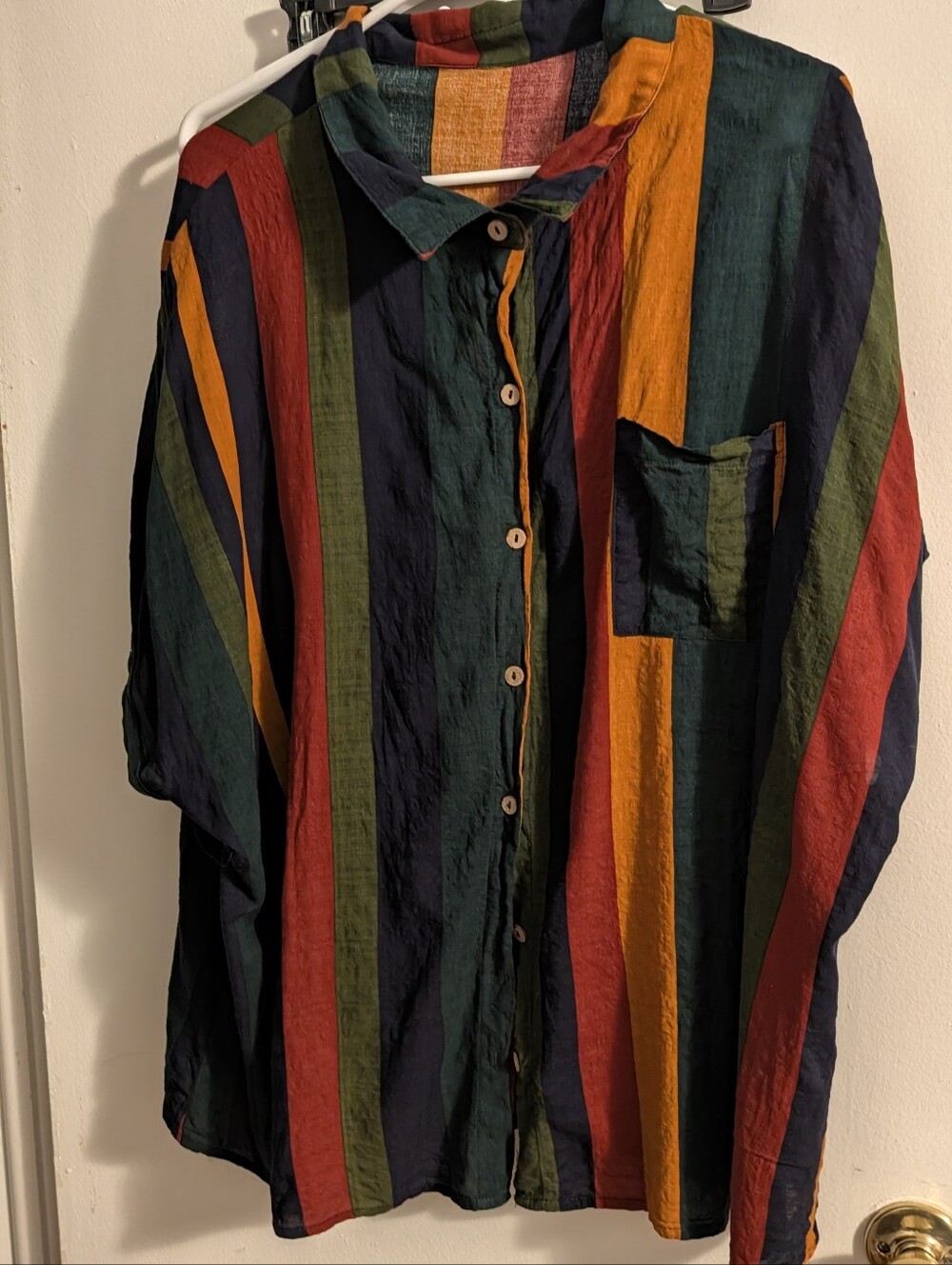 SHEIN Vertical Multi-Stripe Button-Down Shirt in Navy, Green, Red & Mustard